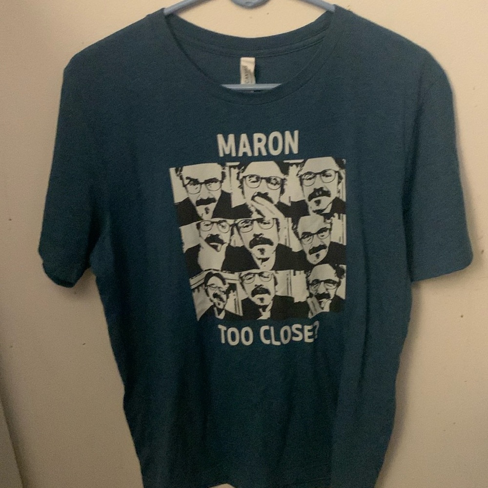 Awesome Blue Mark Maron WTF Too Close? Crewneck Tshirt 52/48 Cotton Poly SZ Lrg